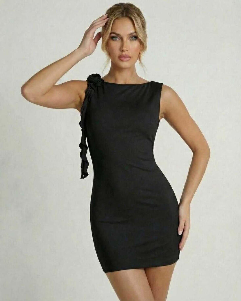 Noir Mini Dress by Lauven - Classic black sleeveless bodycon dress with ruffle detail.