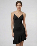 Noir Mini Dress by Lauven featuring sleek black A-line ruffle detail and elegant silhouette.