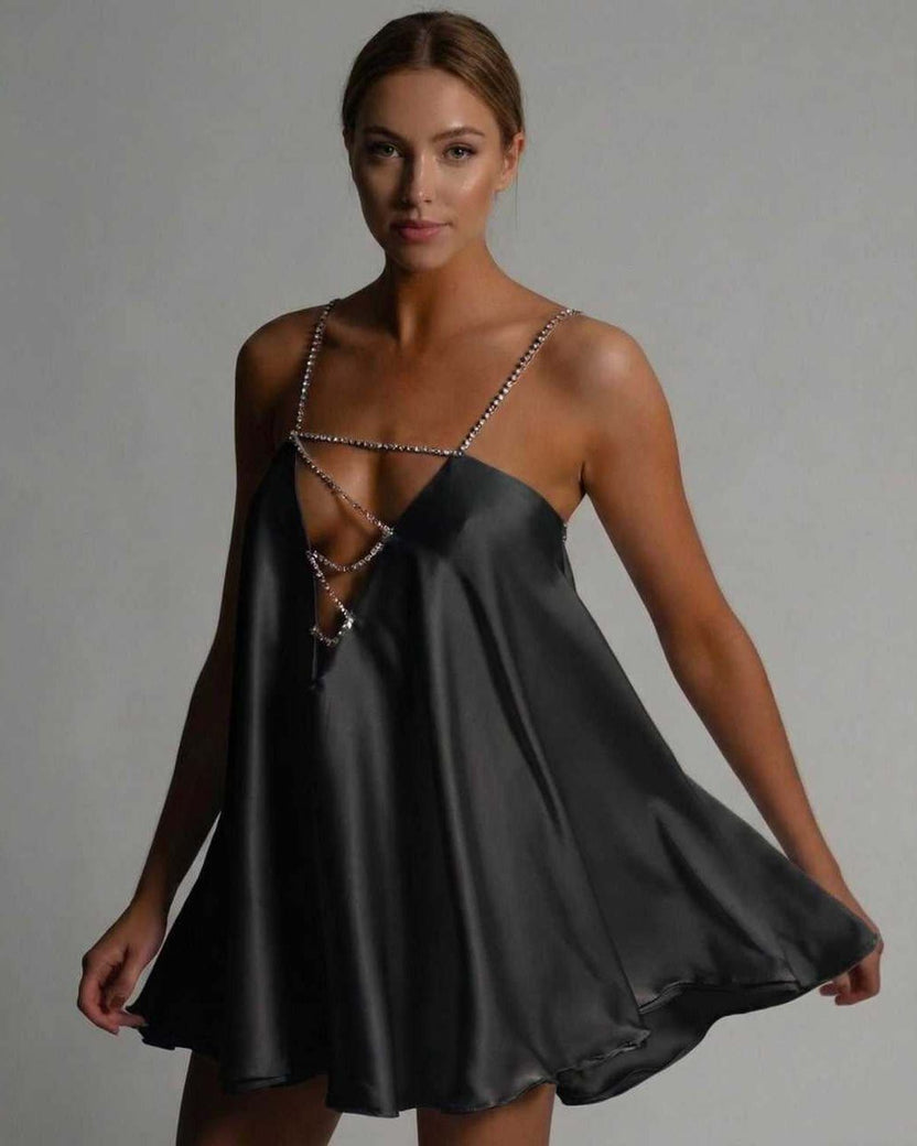 Noir Mini Dress by Lauven, satin A-line silhouette with flared skirt and beaded spaghetti straps in deep black.