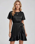 Lauven Noir Mini Dress with sleek satin finish, ruffle hem, and flattering tie waist for elegant occasions.