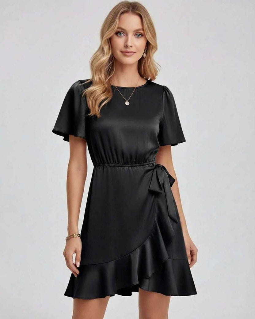 Lauven Noir Mini Dress with sleek satin finish, ruffle hem, and flattering tie waist for elegant occasions.