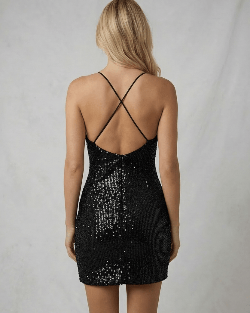 Back view of Noir Mini Dress by Lauven, highlighting its sleek sequin design and crisscross straps.