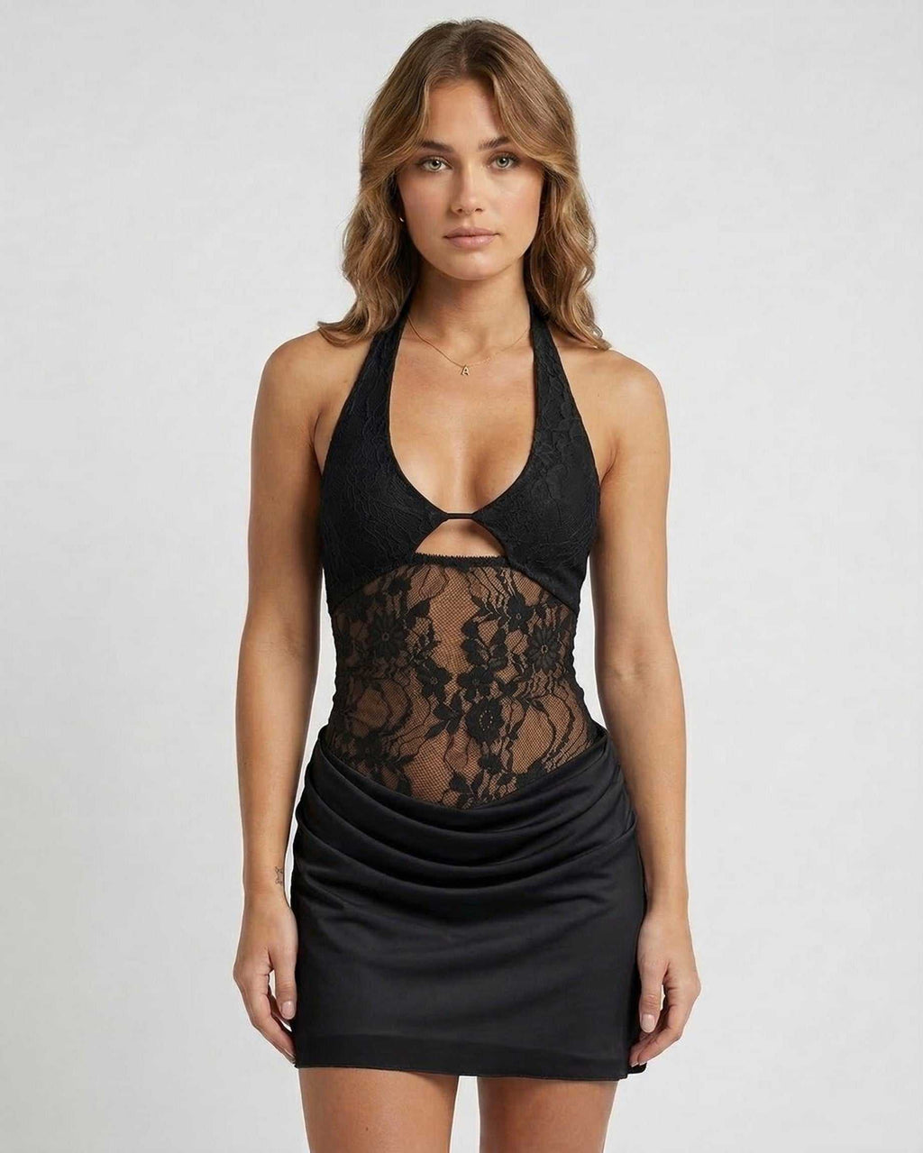 Noir Mini Dress by Lauven, sleek sheath with lace detail and halter neckline in classic black.
