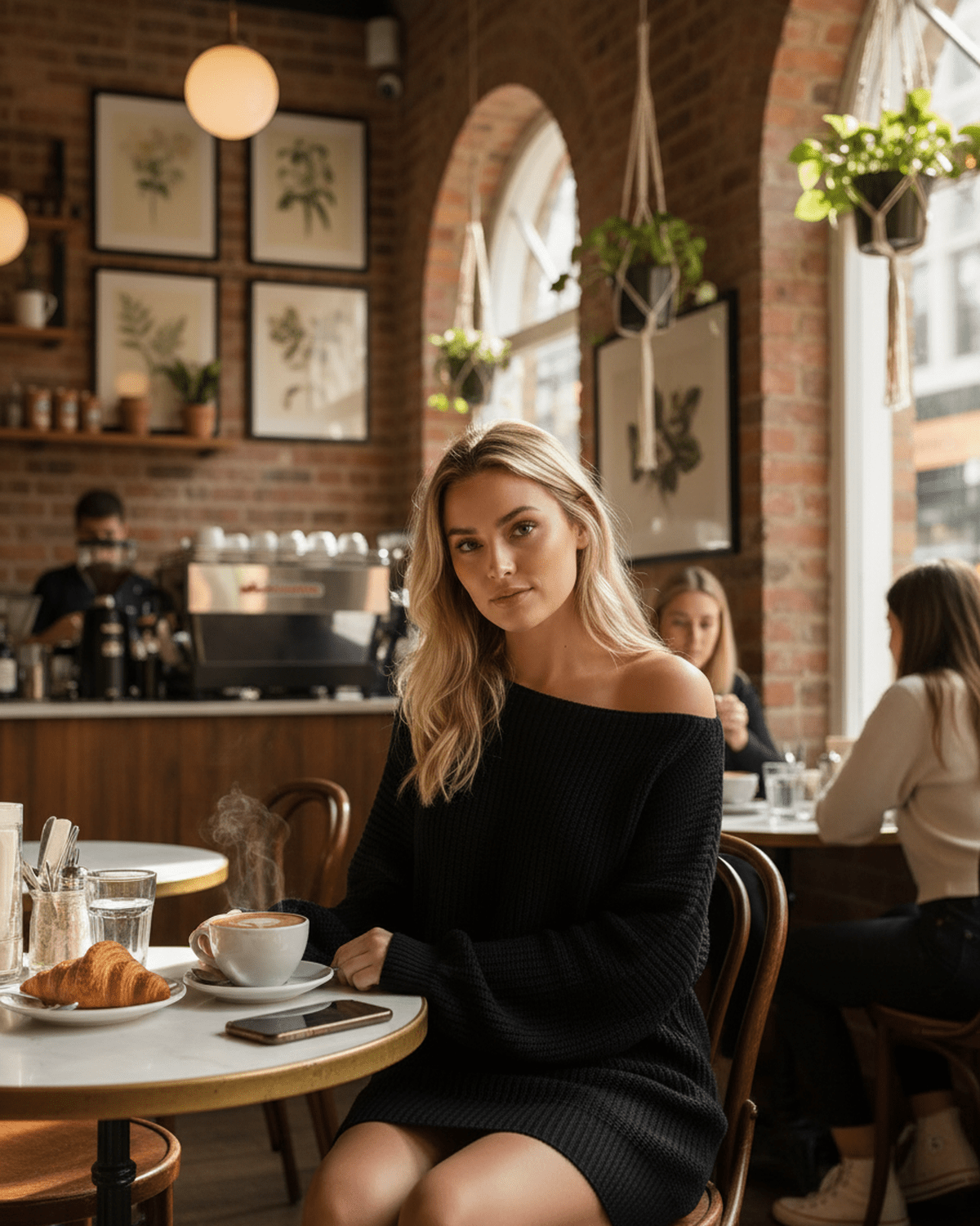 Model wearing Noir Mini Dress by Lauven in a cozy cafe, enjoying coffee with a croissant.