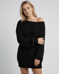 Noir Mini Dress by Lauven - Sleek black oversized knitted cotton-acrylic blend dress with slash neckline.