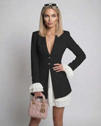 Noir Mini Dress with Ruffle Contrast, Deep V-Neck, elegant black and white design by Lauven.