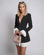 Elegant Noir Mini Dress featuring ruffle cuffs, deep V-neck, and stylish black look by Lauven.