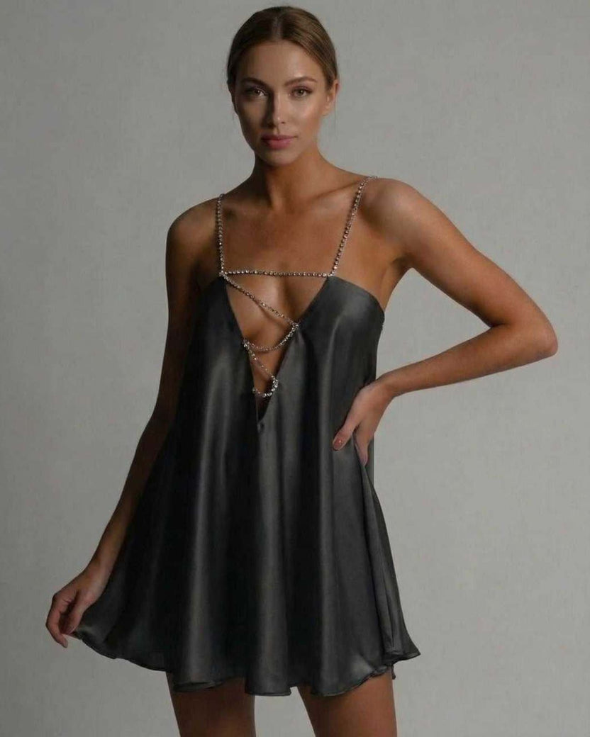 Noir Mini Dress by Lauven featuring a satin A-line silhouette and sparkling spaghetti straps.