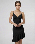 Noir Mini Dress by Lauven, an elegant black A-line dress with ruffle detail, perfect for a stylish look.