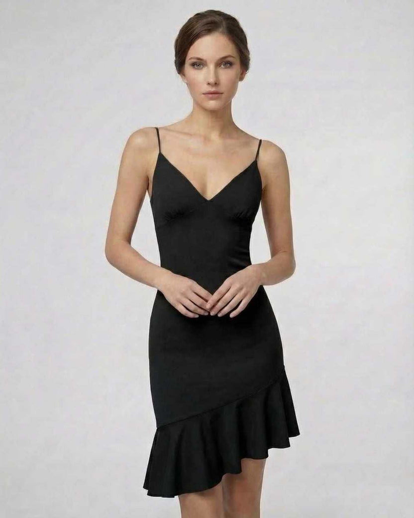 Noir Mini Dress by Lauven, an elegant black A-line dress with ruffle detail, perfect for a stylish look.