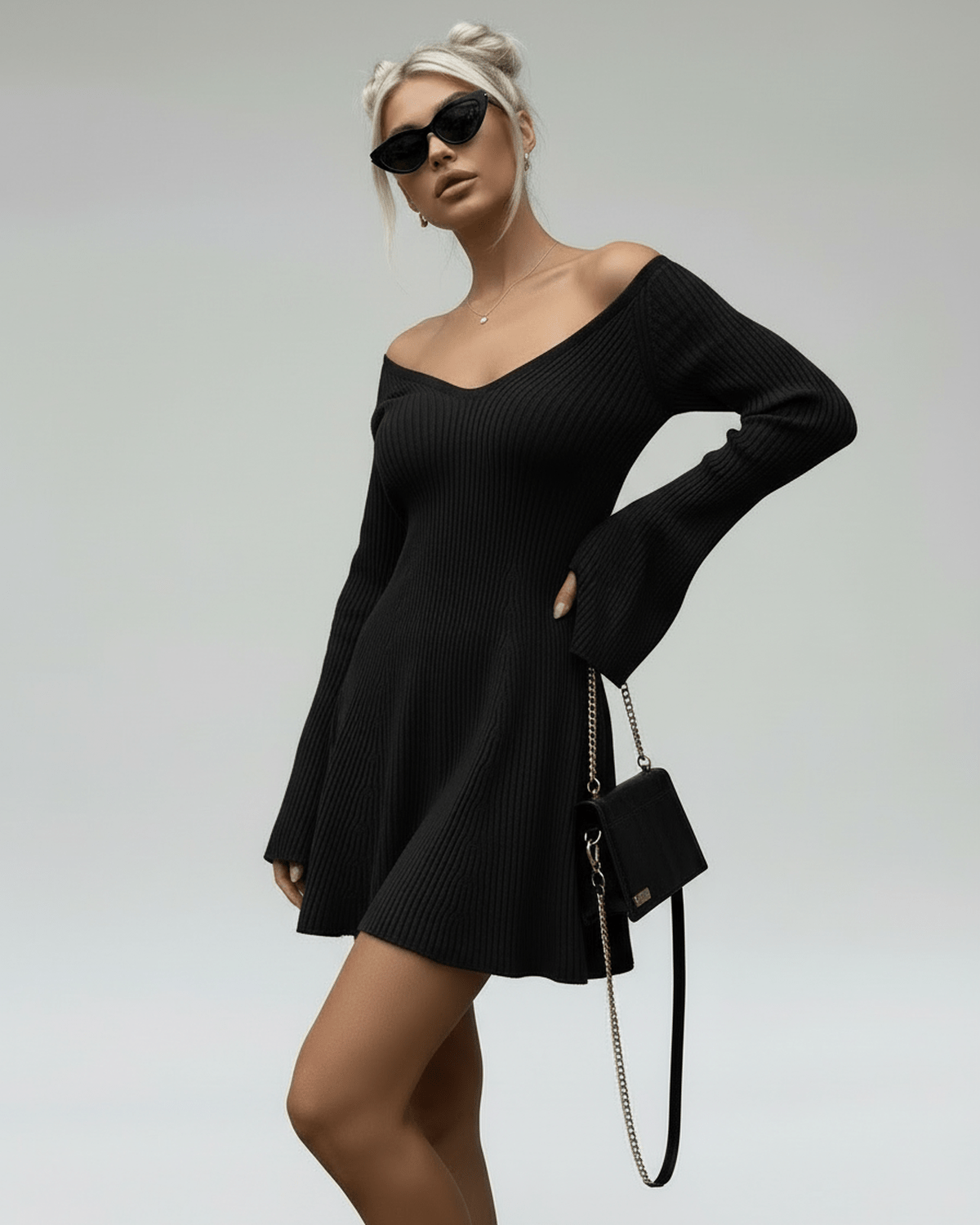 Noir Mini Dress by Lauven - Slim Fit Black Knit with V-Neck and Flared Sleeves