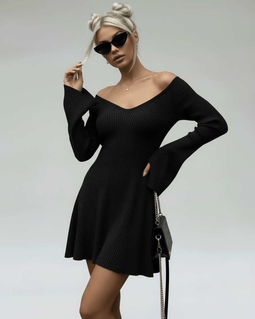 Noir Mini Dress by Lauven, a slim fit black knit dress with V-neck and flared sleeves for a modern look.