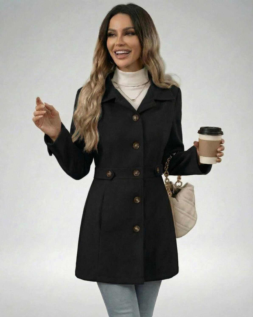 Model wearing the Noir Sculpt Jacket from Lauven, showcasing a stylish black slim fit with buttons.