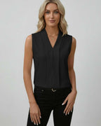 Noir Top by Lauven - Elegant sleeveless V-neck black top, perfect for professional and evening wear.