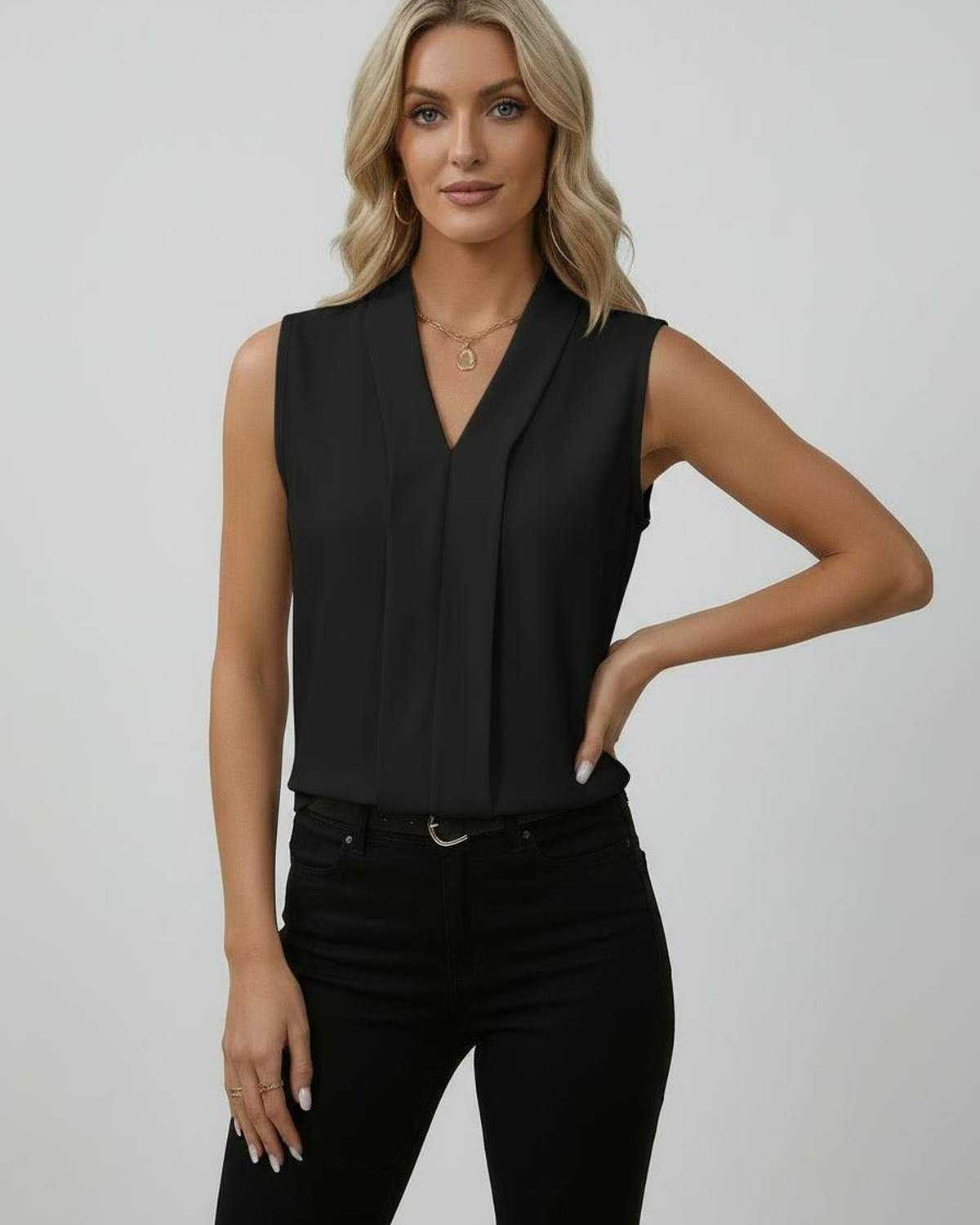 Noir Top by Lauven – Elegant sleeveless V-neck black top, sleek silhouette for timeless sophistication.