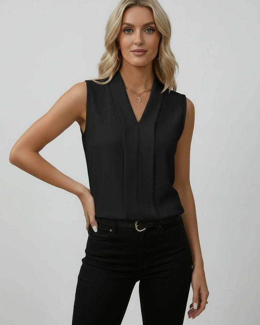 Noir Top by Lauven - Elegant sleeveless V-neck black top with tailored drape for sophisticated style.