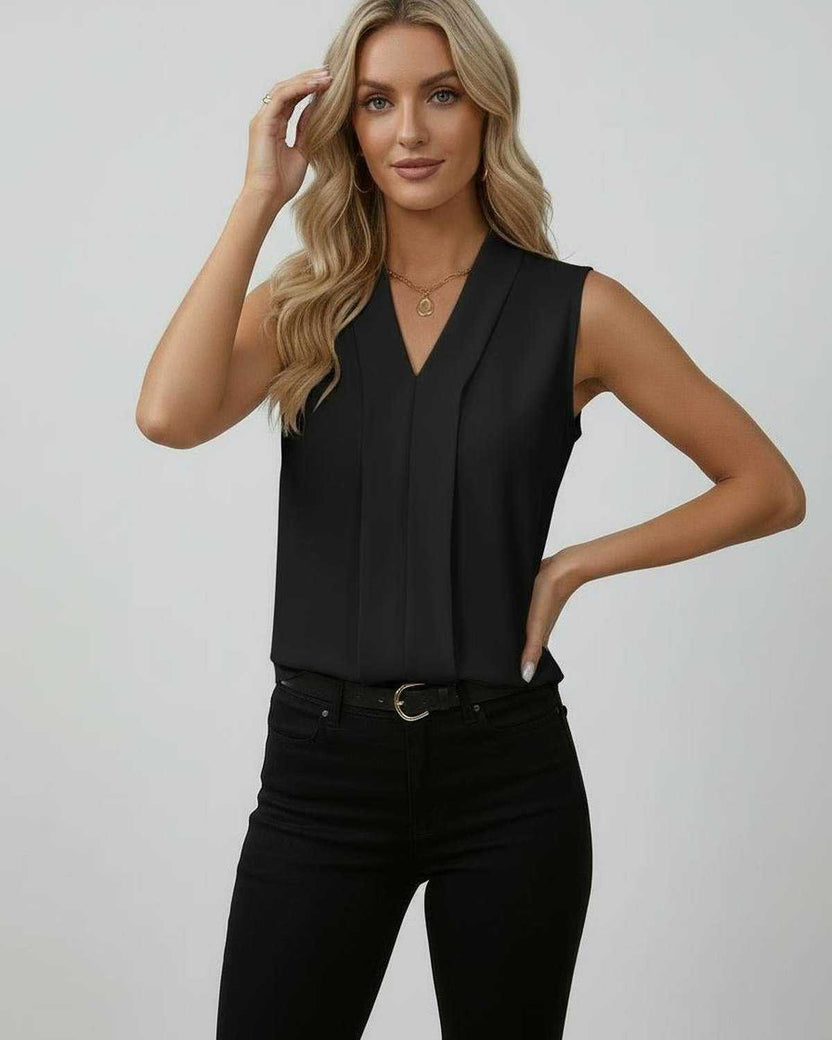 Elegant Noir Top by Lauven, featuring a sleeveless design and refined V-neck for a sophisticated look.