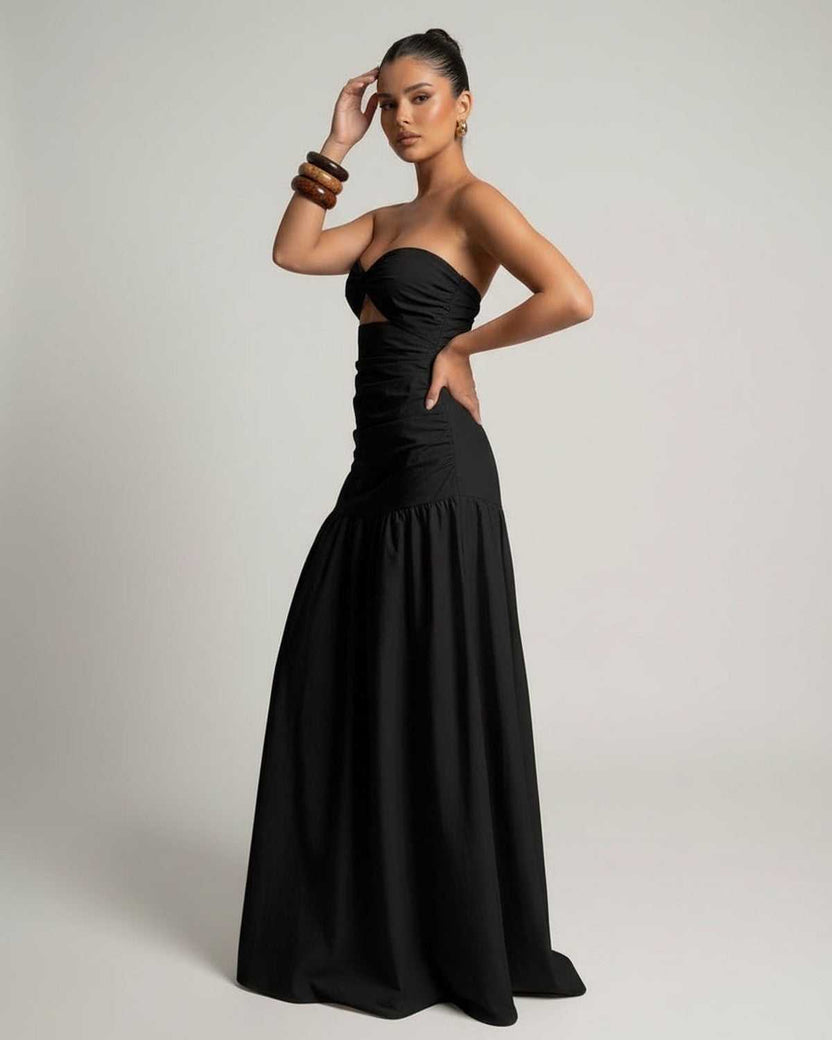 Noira Maxi Dress - Black strapless fitted silhouette with cutout high waist by Lauven, elegant and stylish for any occasion.