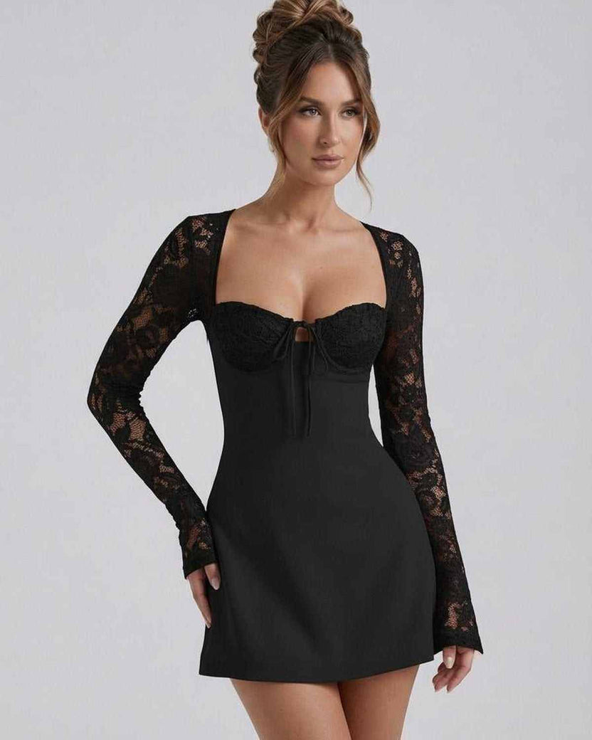 Noire Lace Dress by Lauven – Black Lace Sleeve Mini Dress with Square Neck and Fitted Silhouette
