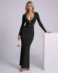 Noiré Maxi Dress featuring a plunging ruffle V-neck, open back, and sleek bodycon fit by Lauven.