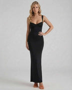Noiré Maxi Dress by Lauven in sleek black satin, featuring elegant design and refined luxury for upscale occasions.