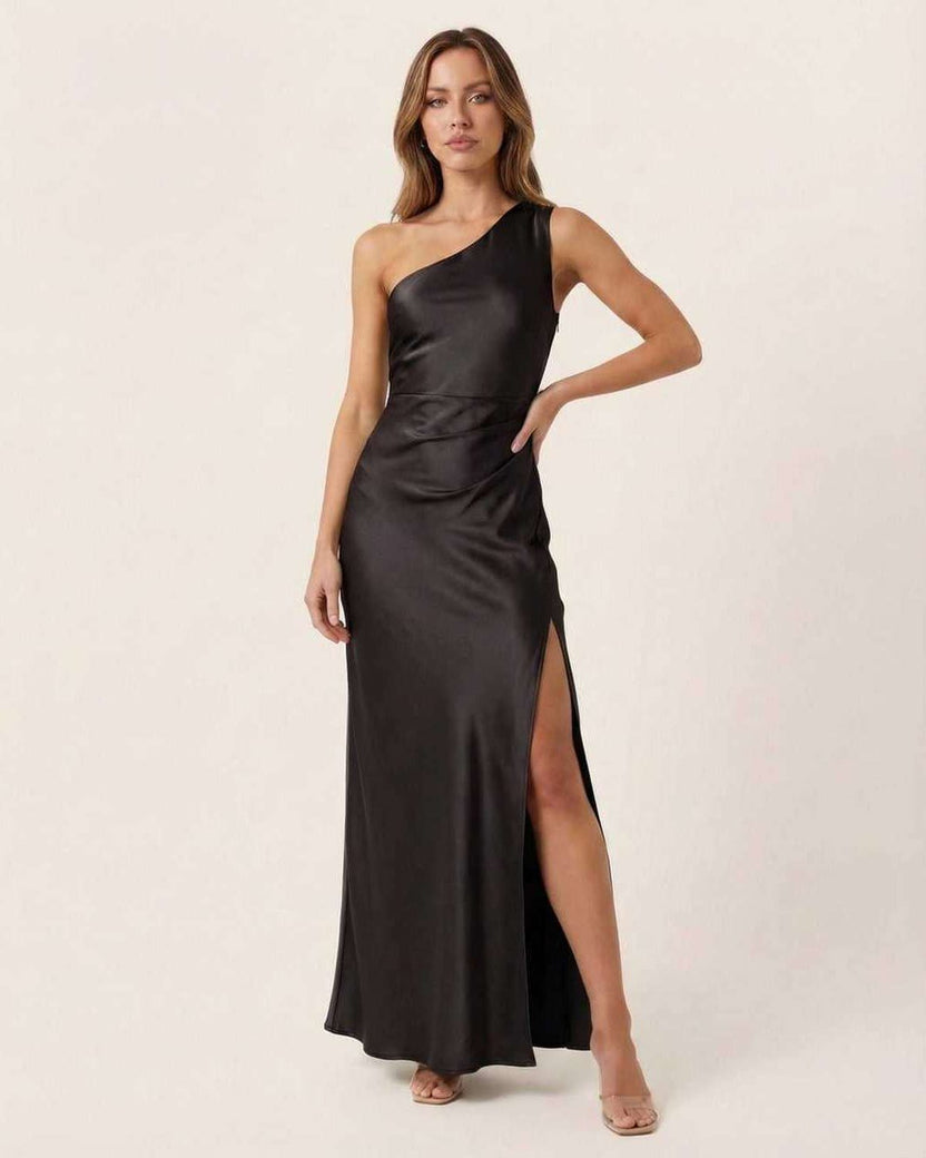 Noire Maxi Dress - Black satin dress with one-shoulder style, sleek fit and elegant slit, by Lauven.