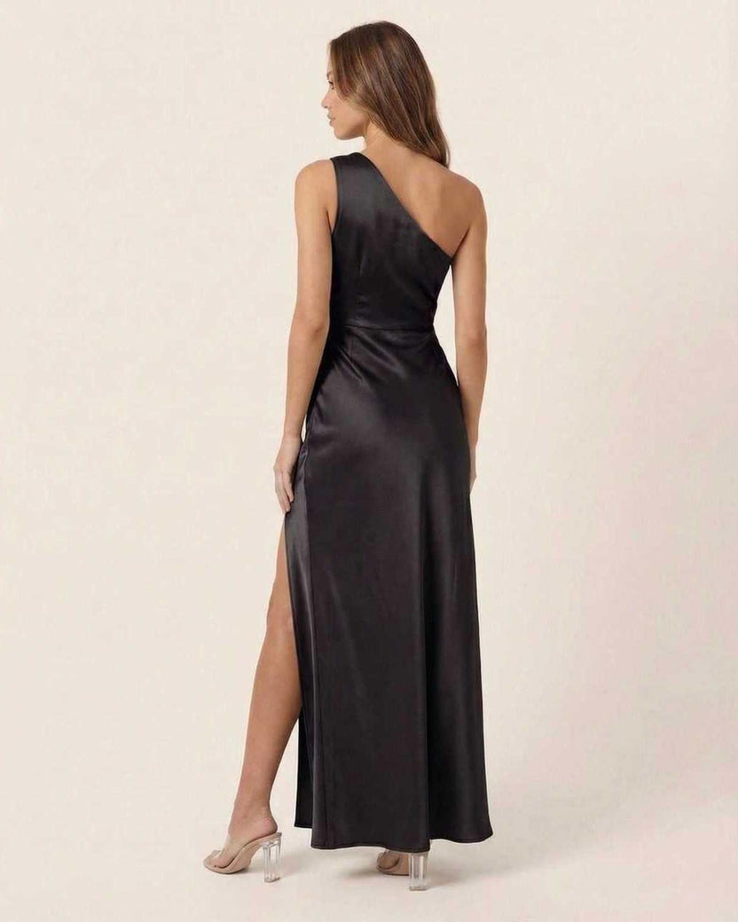 Noire Maxi Dress - Black satin, one-shoulder silhouette, elegant and modern, by Lauven.