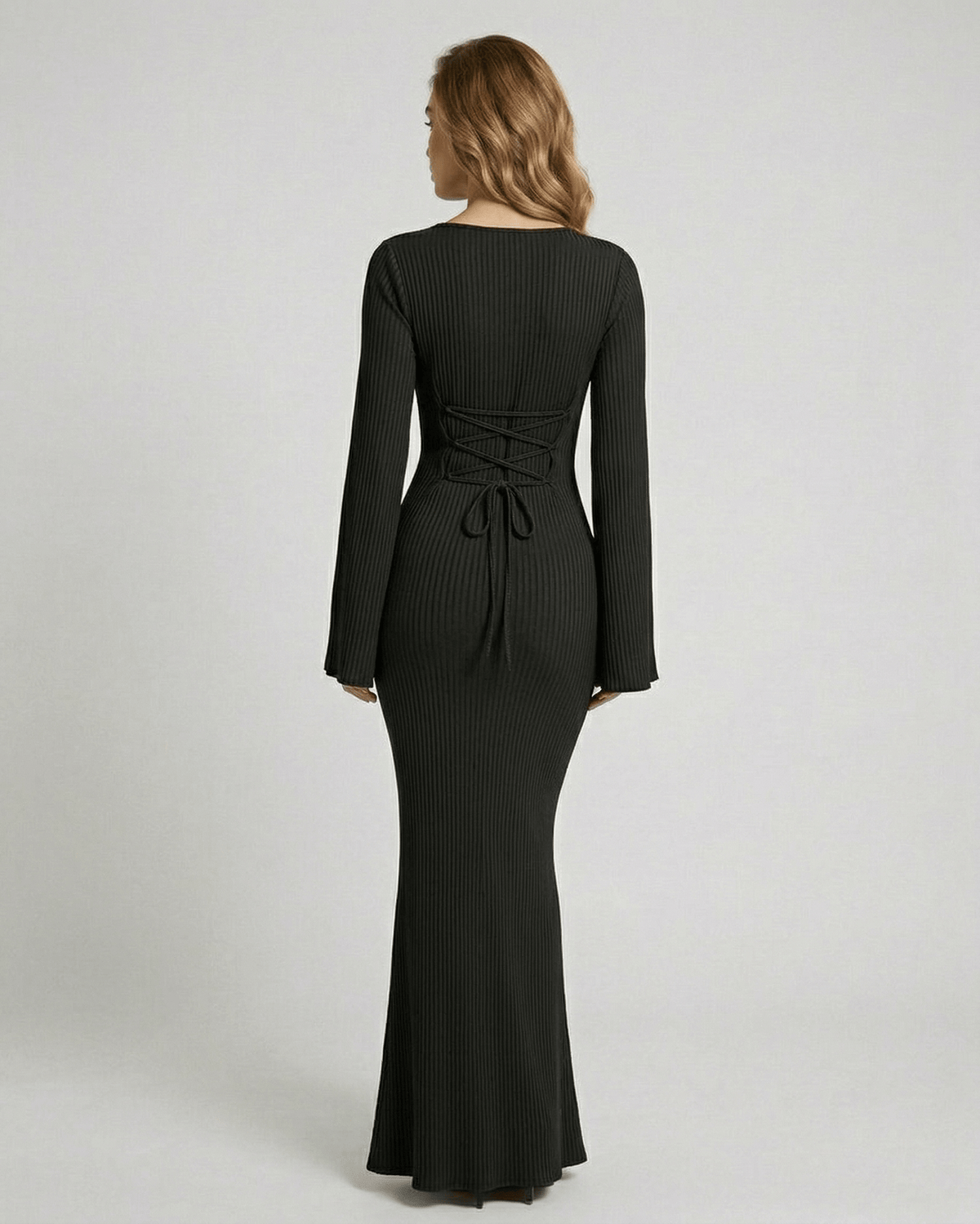 Noiré Maxi Dress back view, featuring ribbed knit, long sleeves, elegant silhouette, by Lauven.