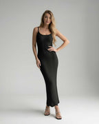 Noiré Midi Dress by Lauven, black bodycon silhouette, sleek, sleeveless, refined and sculpted fit for modern sophistication.