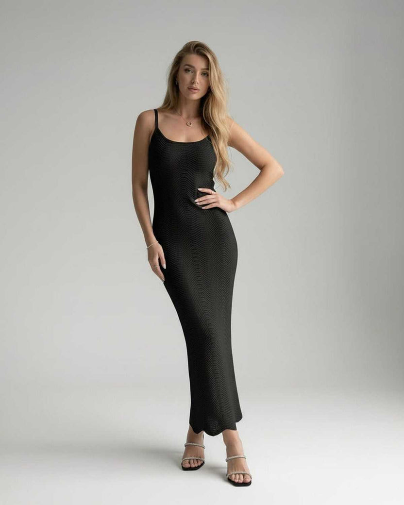 Noiré Midi Dress by Lauven, black bodycon silhouette, sleek, sleeveless, refined and sculpted fit for modern sophistication.
