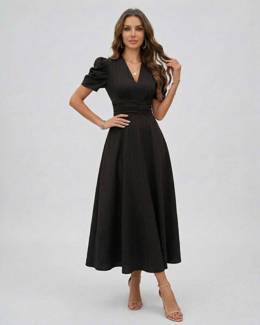 Noire Midi Dress by Lauven, elegant black dress with puff sleeves and deep V-neck, perfect for weddings and cocktails.