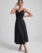 Noiré Midi Dress featuring a sleek silhouette, cowl neck, and satin finish by Lauven, perfect for elegant occasions.