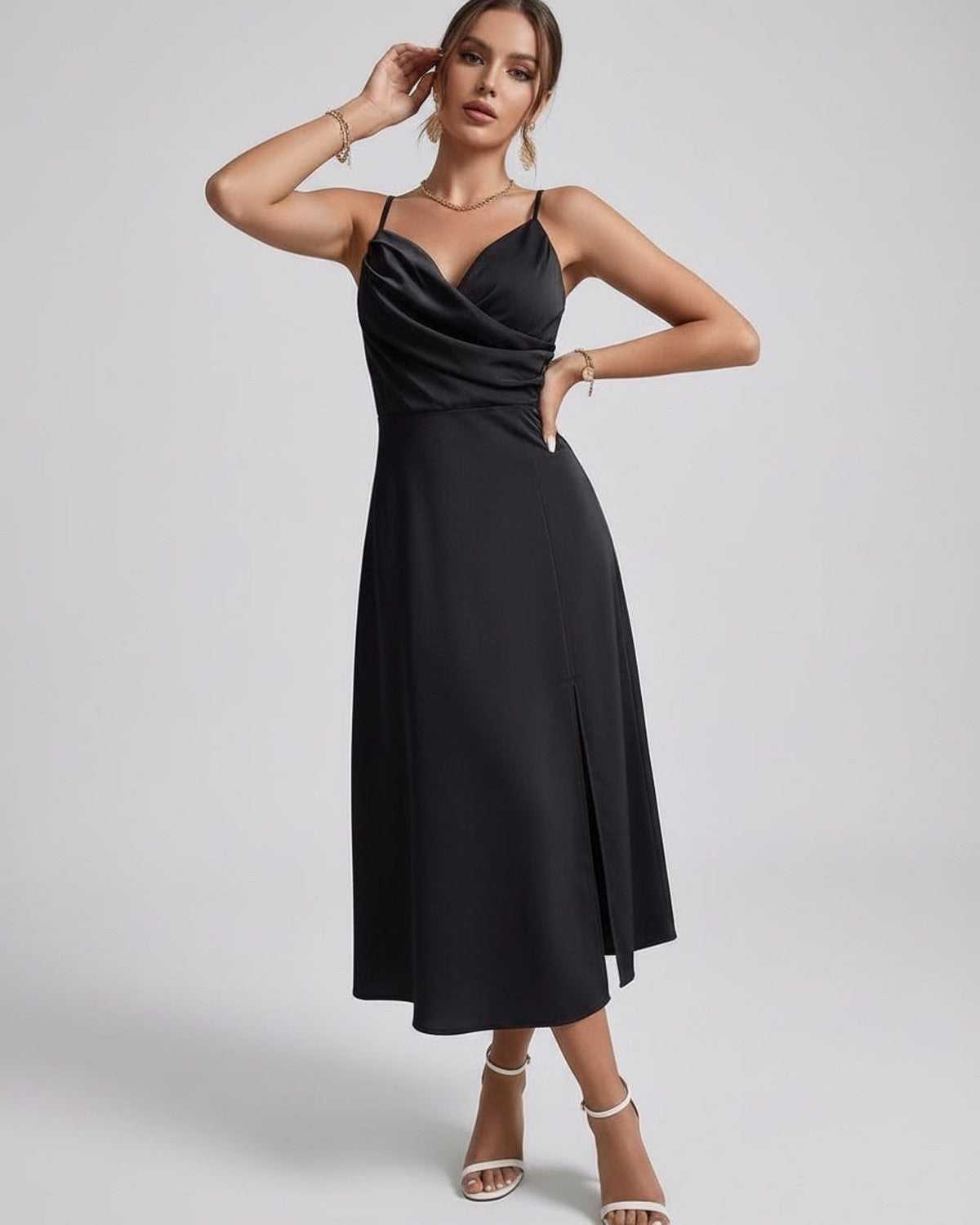 Noiré Midi Dress featuring a sleek silhouette and satin finish, perfect for elegant occasions by Lauven.