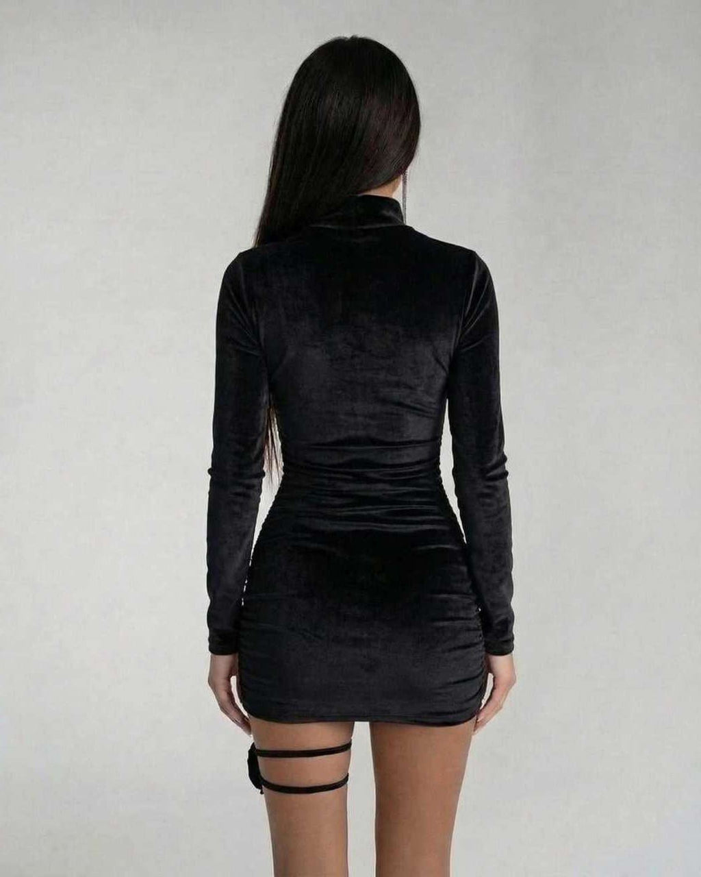 Noiré Mini Dress back view showcasing soft stretch fabric, ruched detail, and sculpted silhouette by Lauven.