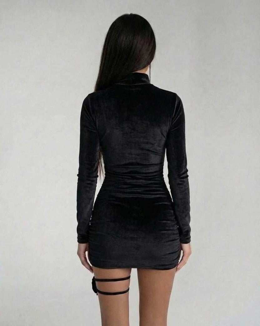 Noiré Mini Dress back view showcasing soft stretch fabric, ruched detail, and sculpted silhouette by Lauven.
