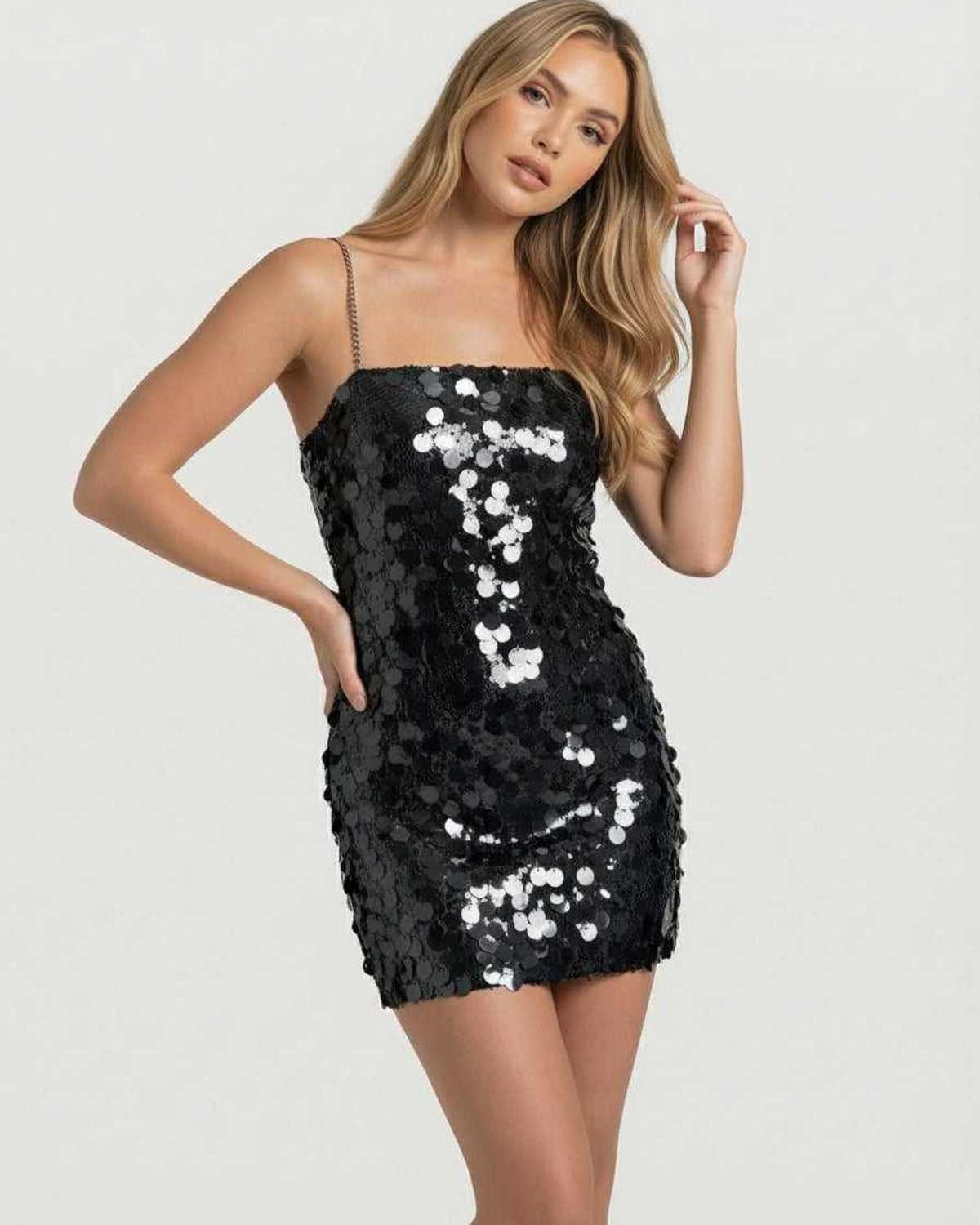 Noiré Mini Dress featuring black sequin embellishments and a bodycon silhouette by Lauven for a sleek evening look.