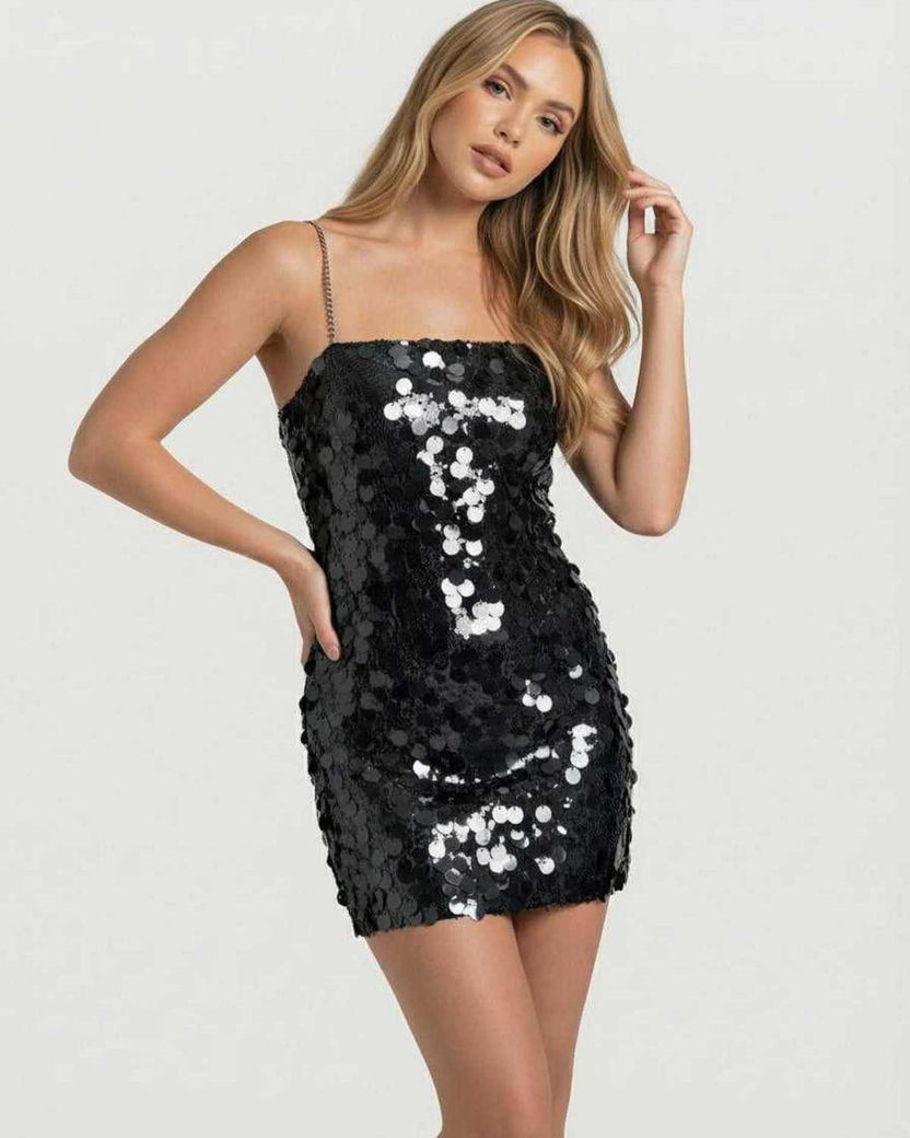 Noiré Mini Dress featuring black sequin embellishments and a bodycon silhouette by Lauven for a sleek evening look.