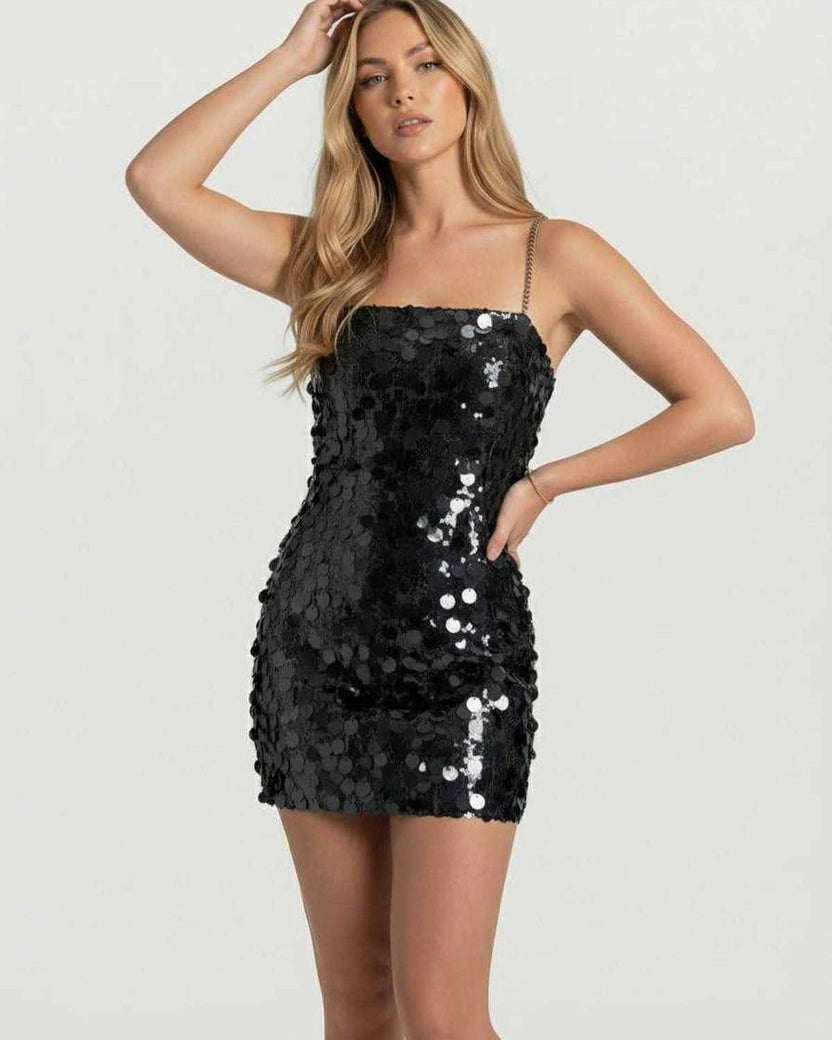 Noiré Mini Dress by Lauven, featuring black sequin embellishments and chain straps for a glamorous evening look.