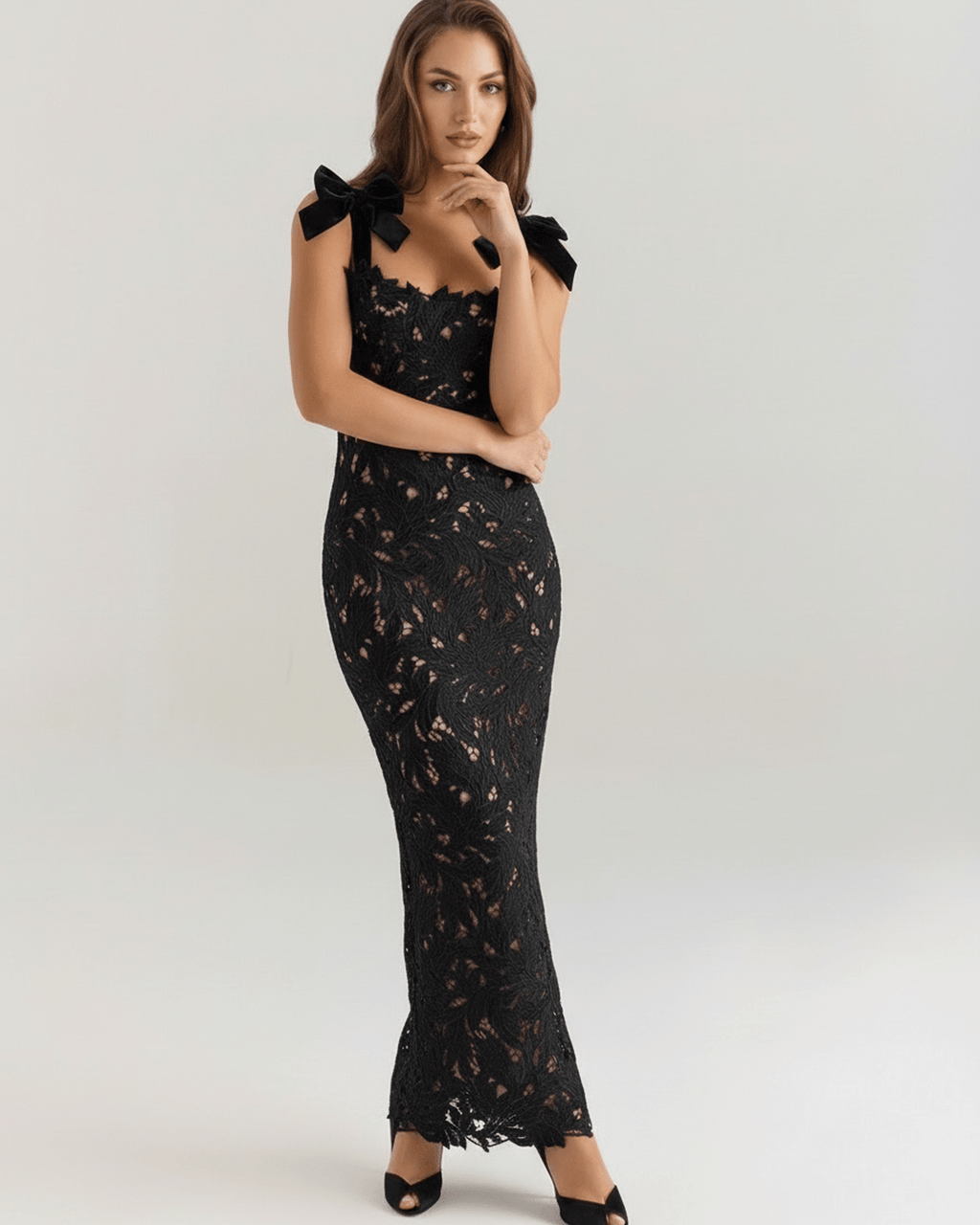 Noirelle Maxi Dress by Lauven, black lace maxi dress with square neck, high waist, sleeveless, and shoulder tie straps.