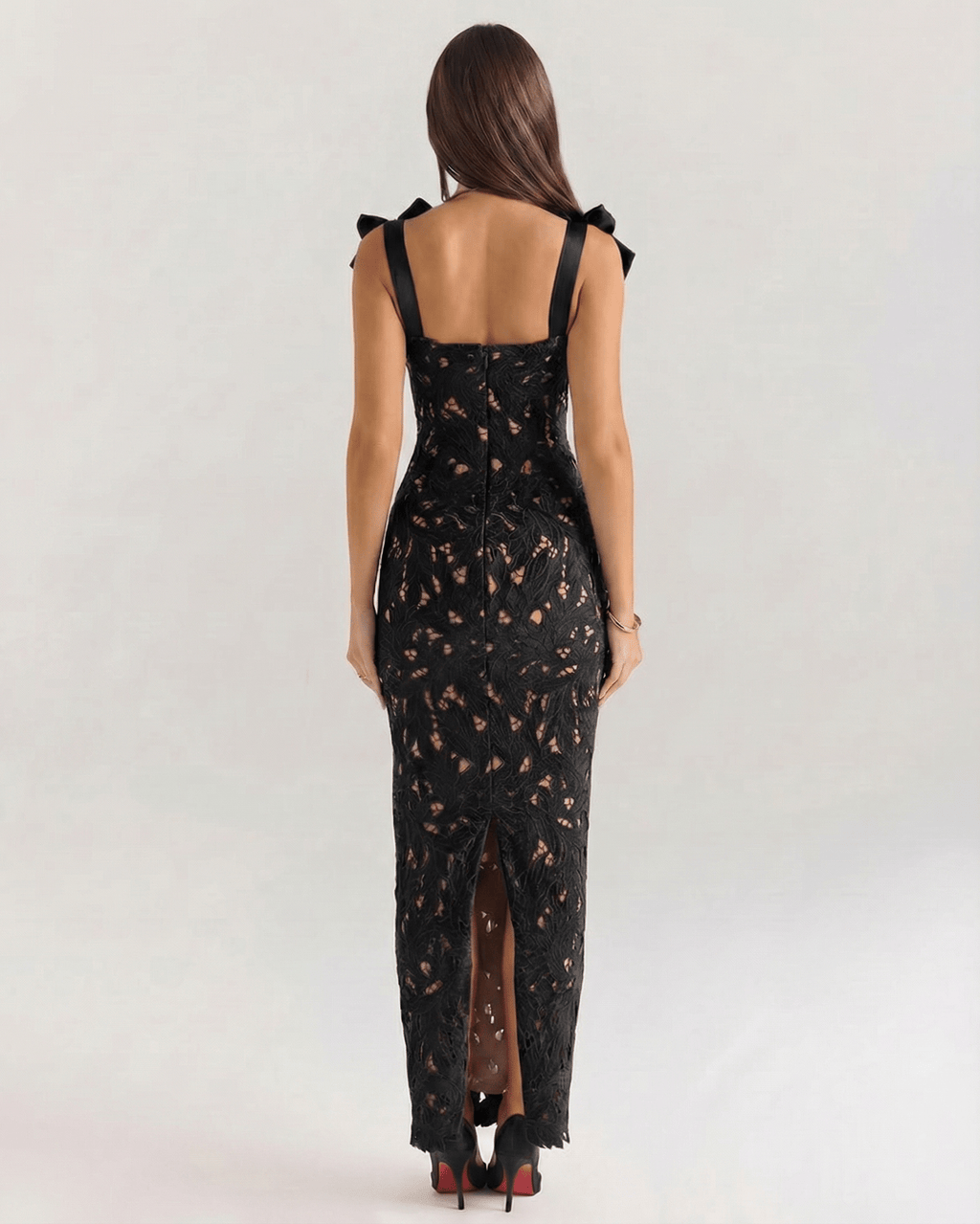 Back view of Lauven Noirelle Maxi Dress, a chic black lace maxi dress with square neckline and tie straps, perfect for formal events.
