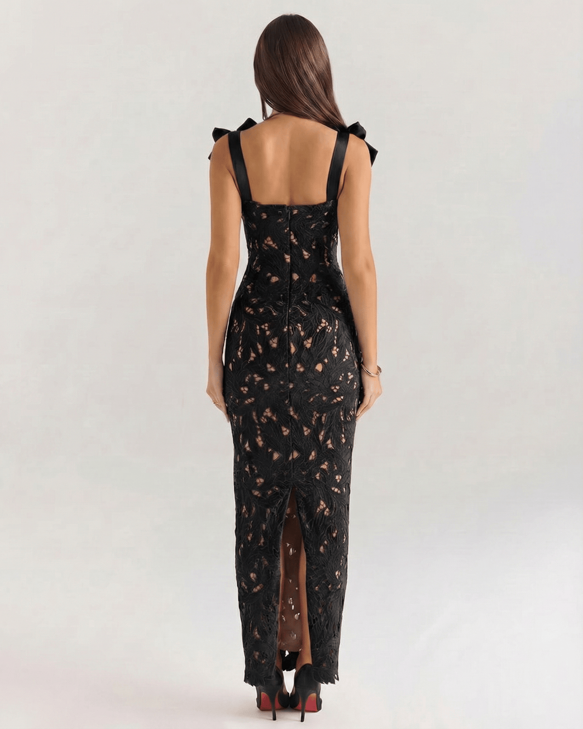Back view of Lauven Noirelle Maxi Dress, a chic black lace maxi dress with square neckline and tie straps, perfect for formal events.