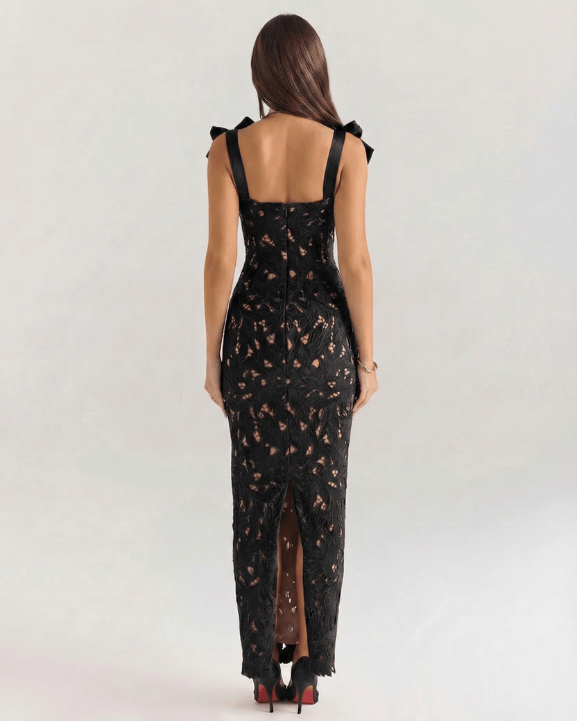 Back view of Lauven Noirelle Maxi Dress, a chic black lace maxi dress with square neckline and tie straps, perfect for formal events.