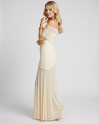 Noirline Maxi Dress by Lauven, off-shoulder maxi dress with fitted bodice and flowing sheer panel for elegant movement.