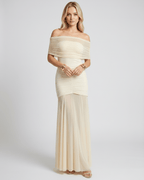 Noirline Maxi Dress from Lauven featuring off-shoulder design, ruched bodice, and elegant flowing lower panel for a stunning look.