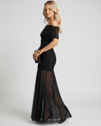 Noirline Maxi Dress by Lauven, off-shoulder maxi dress, ruched bodice, flowy sheer panel, elegant and stylish look.