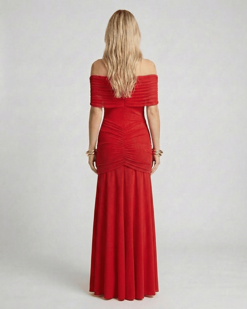 Noirline Maxi Dress, off-shoulder maxi dress, ruched design, elegant movement, Lauven brand.