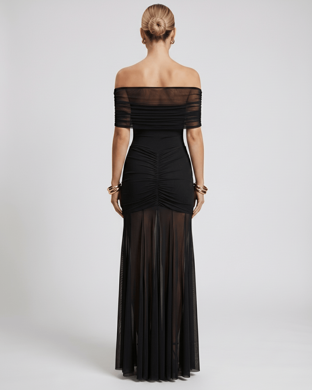 Noirline Maxi Dress by Lauven, off-shoulder maxi dress with fitted bodice, ruched details, and flowing sheer skirt.