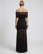 Noirline Maxi Dress by Lauven, off-shoulder maxi dress with fitted bodice, ruched details, and flowing sheer skirt.