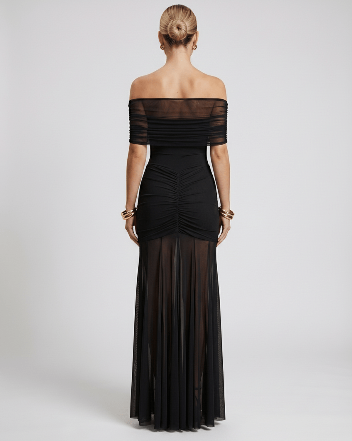 Noirline Maxi Dress by Lauven, off-shoulder maxi dress with fitted bodice, ruched details, and flowing sheer skirt.