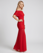 Noirline Maxi Dress in red, off-shoulder style with ruched bodice and flowing sheer lower, perfect for elegant occasions.